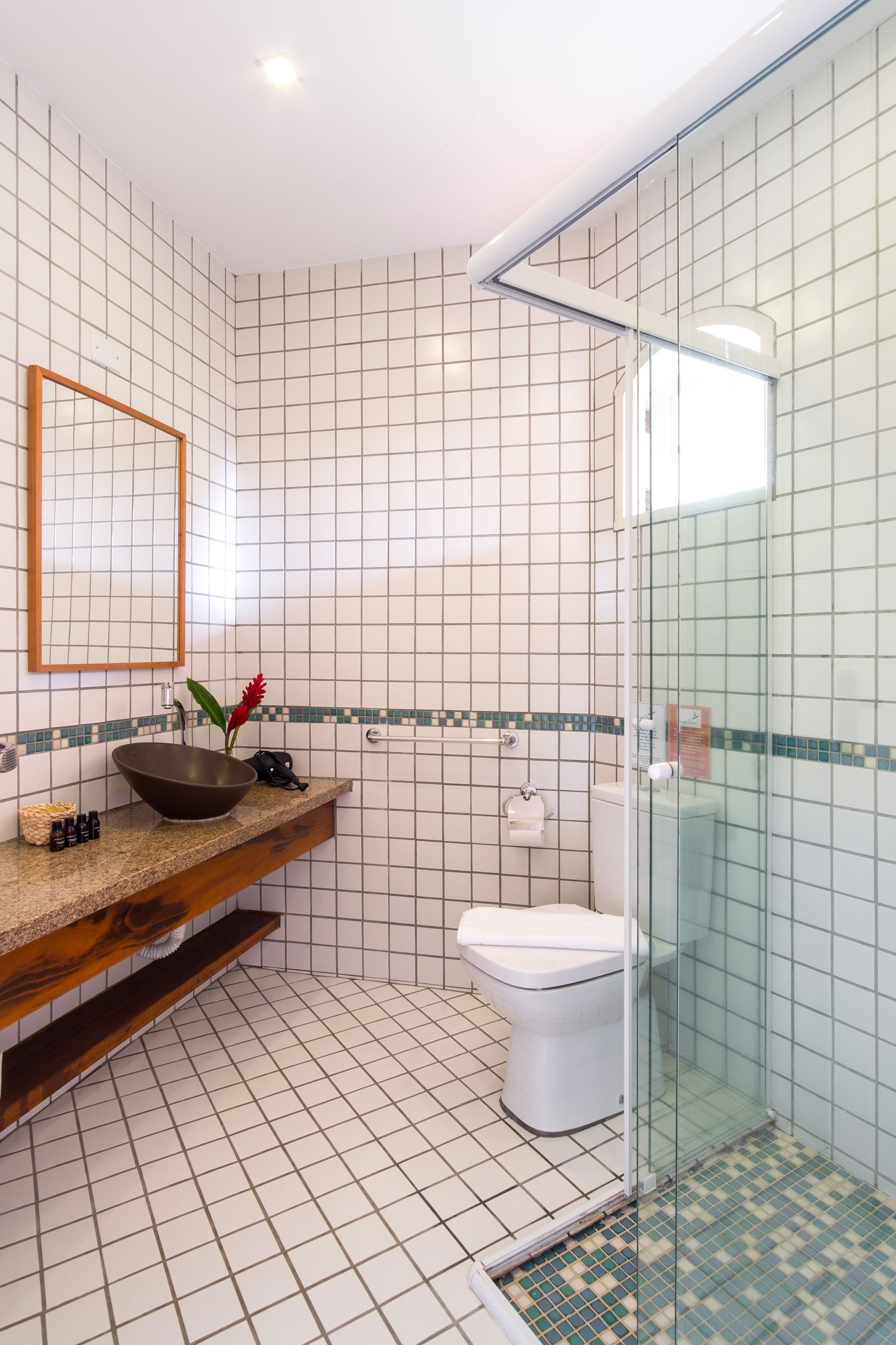 A bathroom with a glass shower enclosure, a white toilet, a wooden vanity with a large sink, and a mirror.