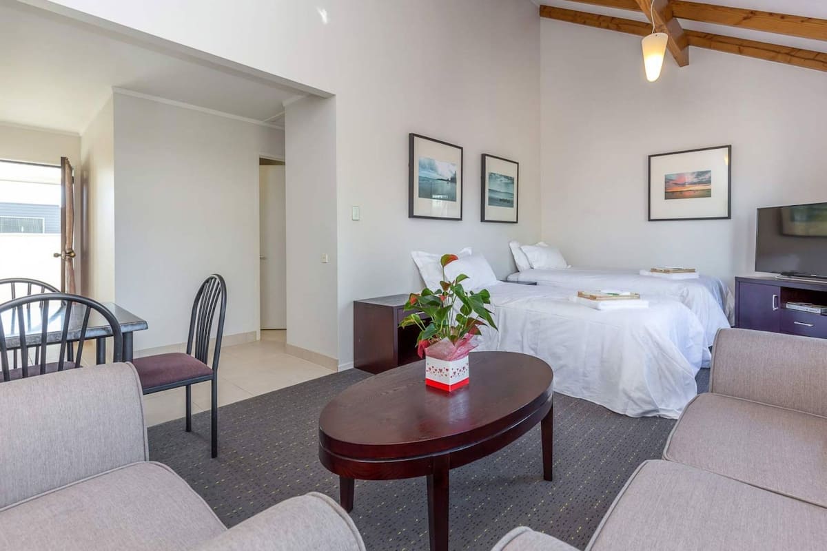 A hotel room with a bed, a TV, a dining table with chairs, and a small table with a plant.