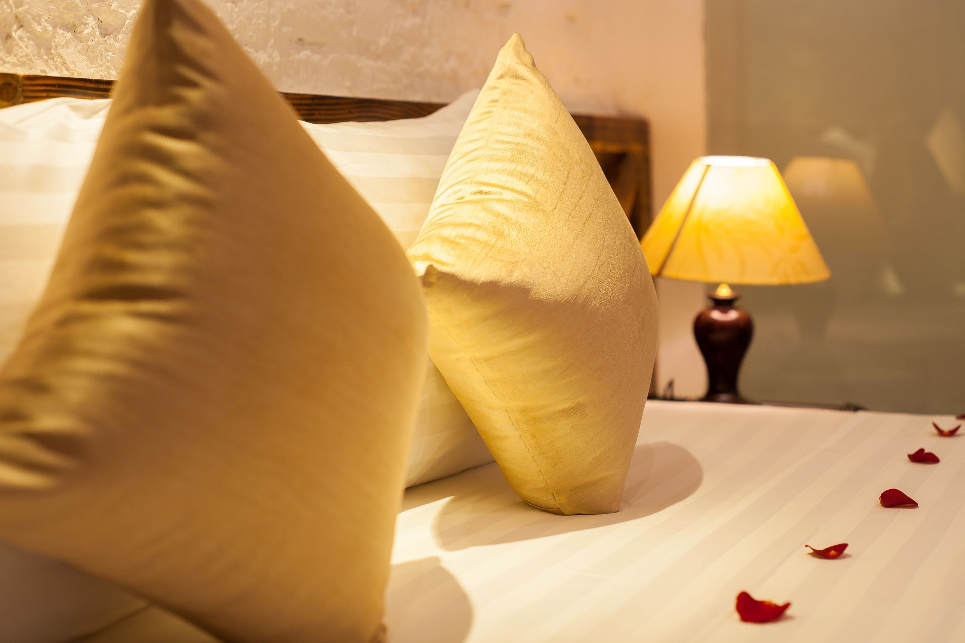 A bed with pillows and a lamp.