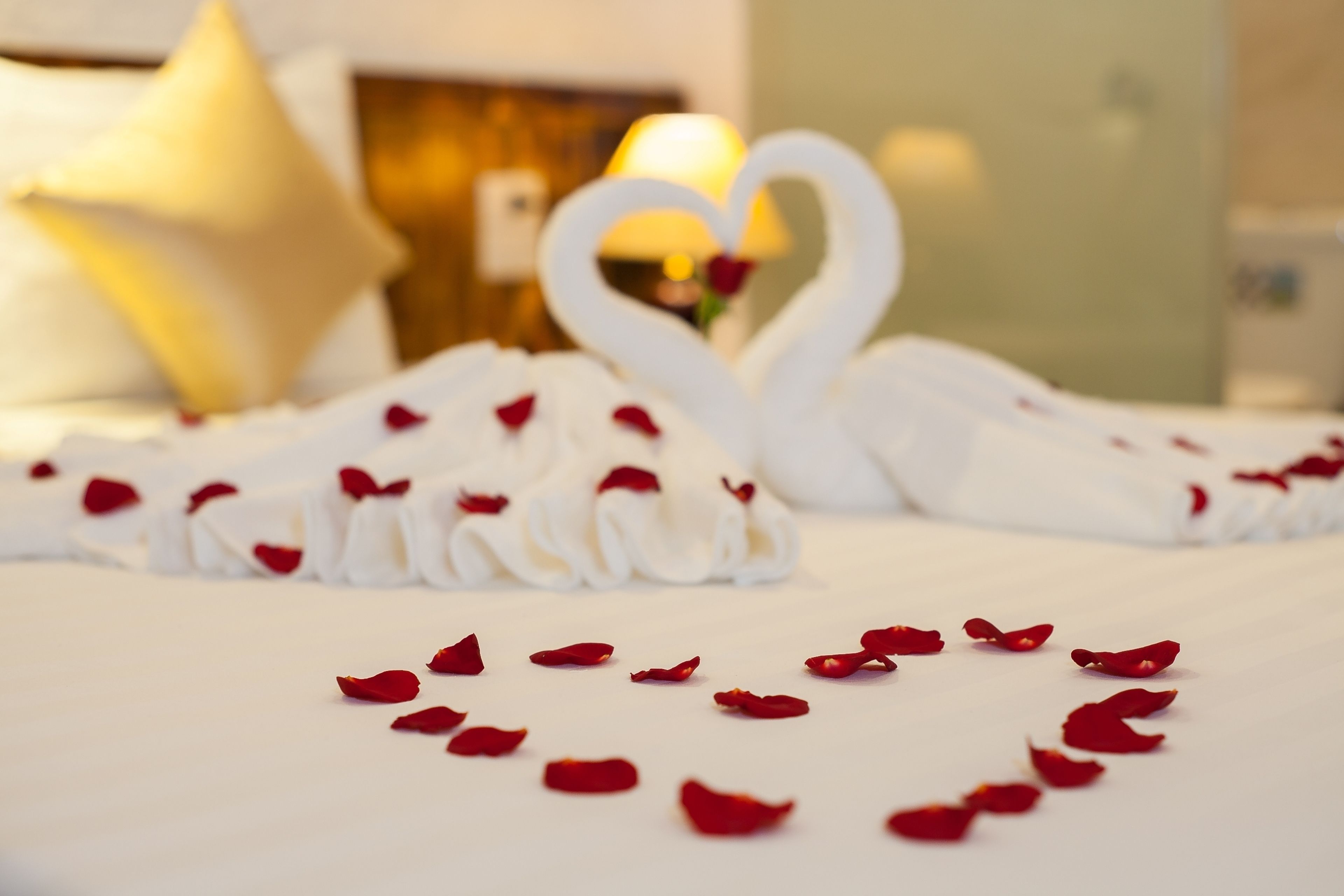 A bed with white linens, a heart-shaped swan decoration, and scattered rose petals.