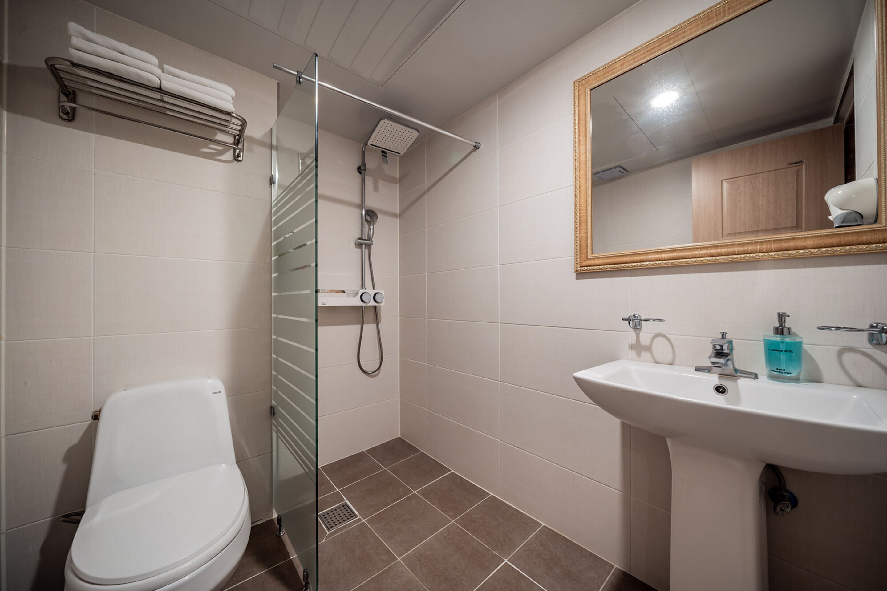 shower, rainfall showerhead, hair dryer, slippers