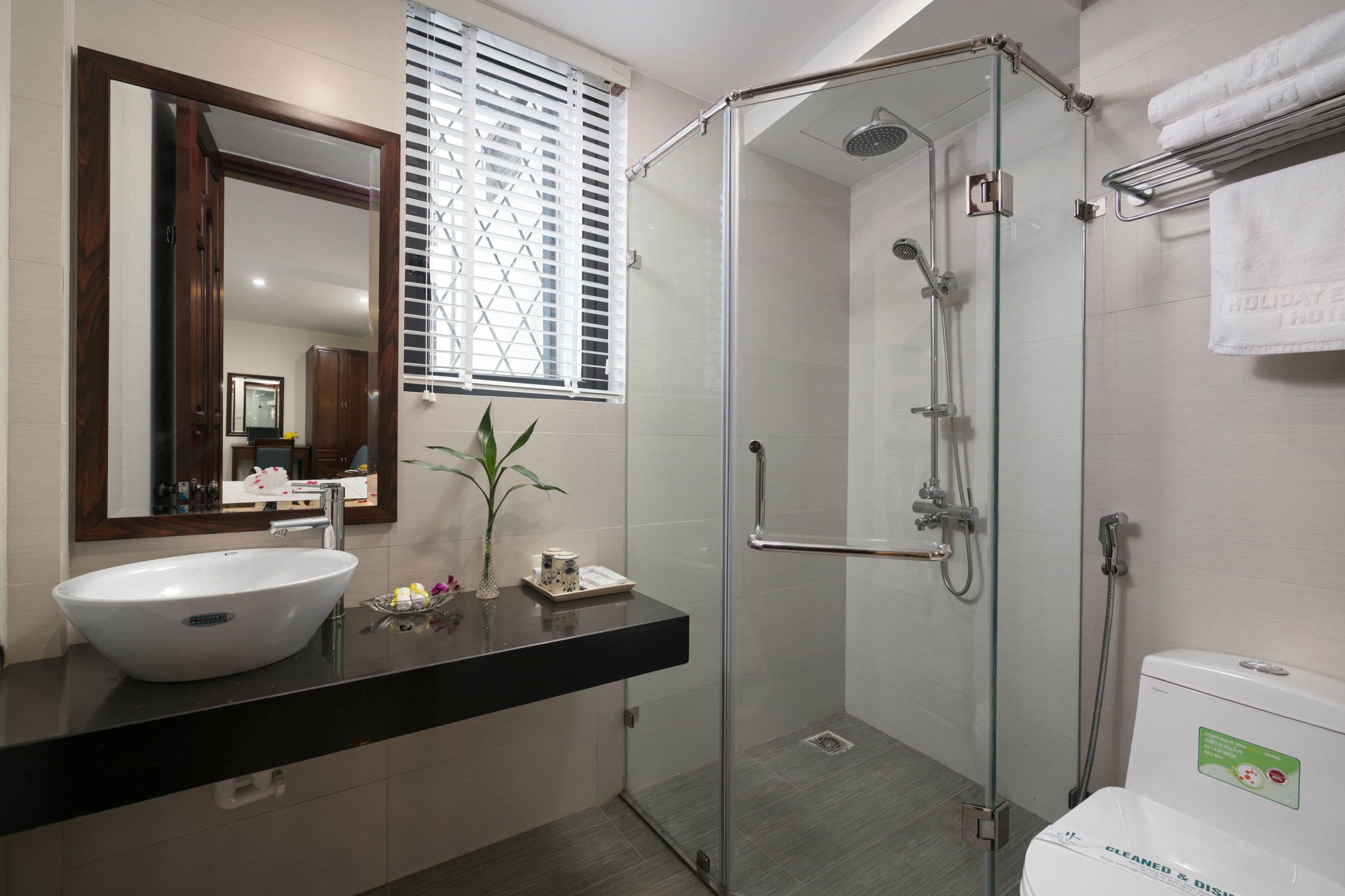 shower, free toiletries, hair dryer, bathrobes