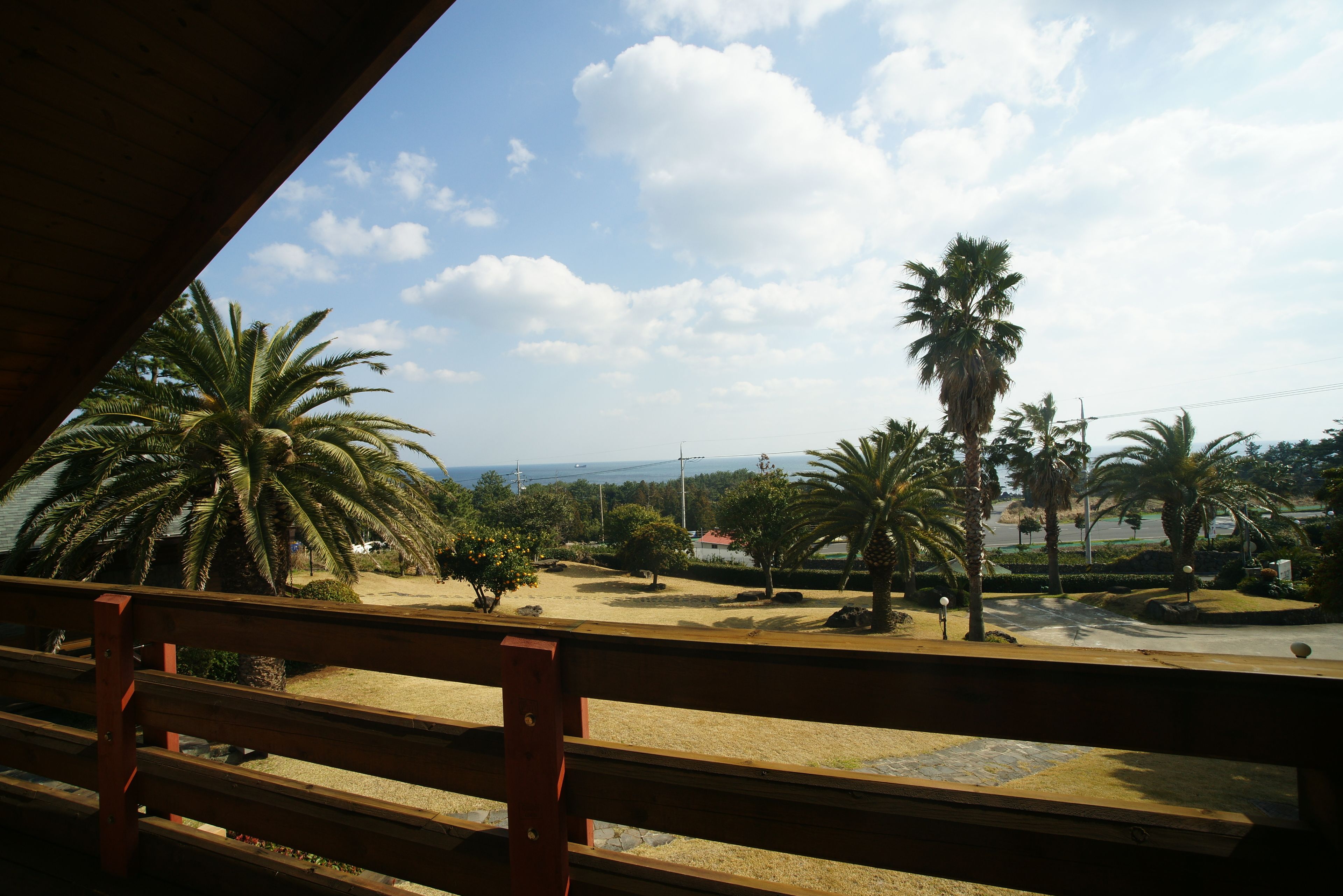 Blick vom Balkon mit Holzbalkon auf eine Sandfläche mit Palmen und eine Straße in der Ferne.