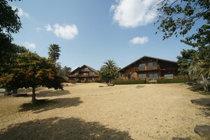 A resort with two wooden cabins, a sandy courtyard, and surrounding tropical vegetation.