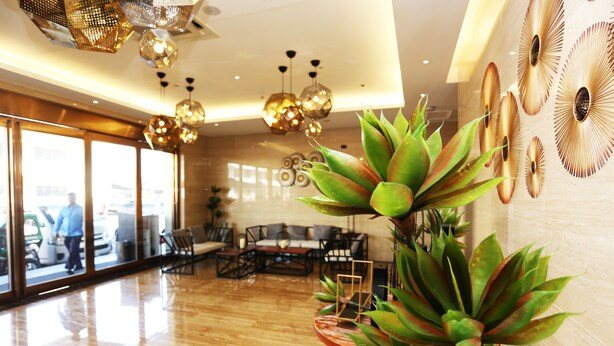 Un vestíbulo de hotel con piso de madera pulida, una zona de estar con sofá y sillones, y una planta grande al frente.
