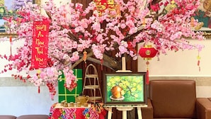 Een kamer met een traditionele Chinese inrichting, waaronder een kersenboom, rode banners en een lijst met een schilderij.