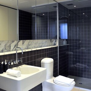 A modern bathroom with a large mirror, a white sink, and a toilet. - Mono Apartments on Freshwater (Southbank)