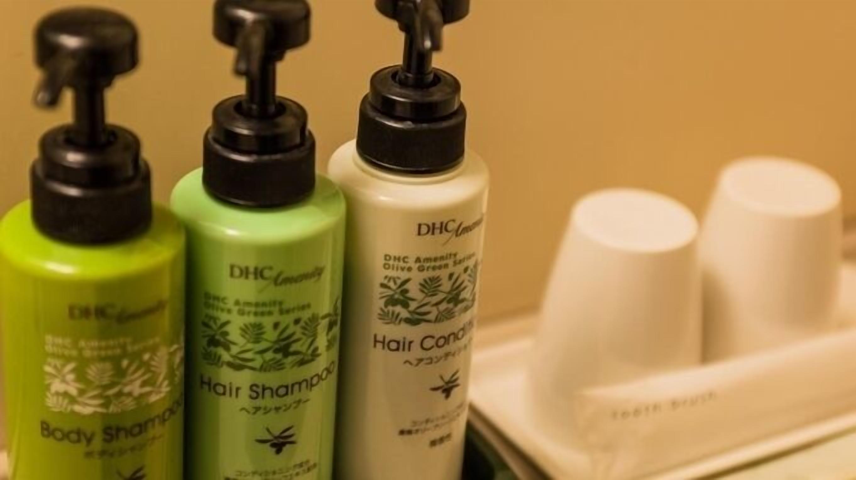 Un baño con tres botellas de productos para el cabello y un recipiente con cepillos de dientes.