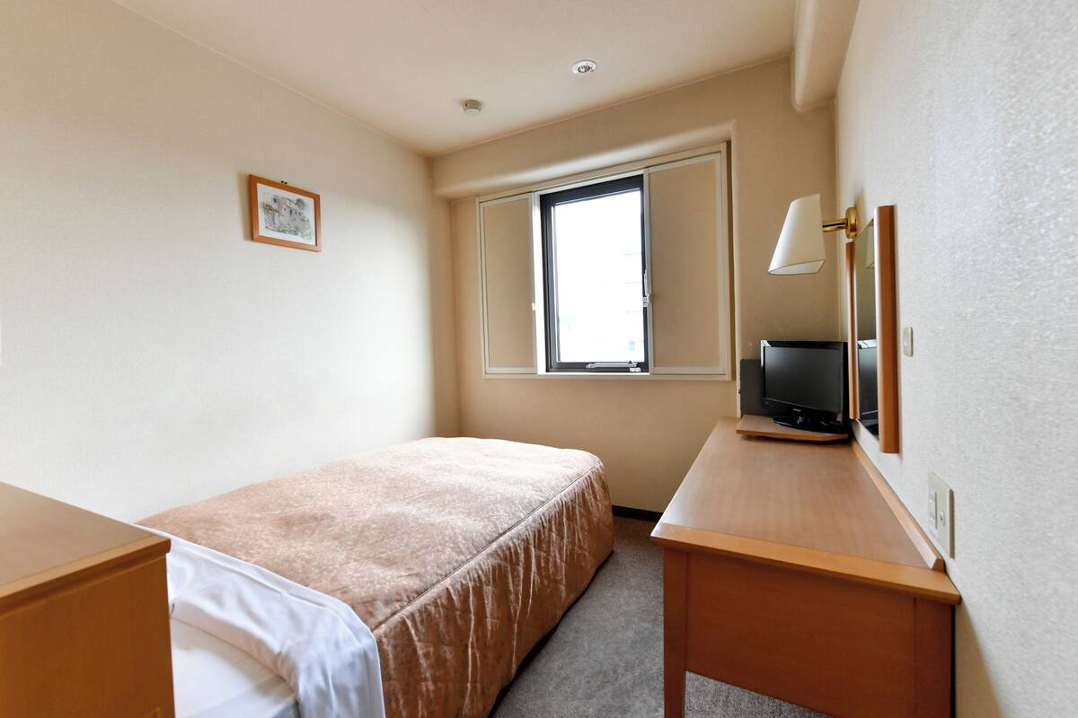 A small, neatly arranged hotel room with a single bed, a desk, a television, and a window providing natural light.