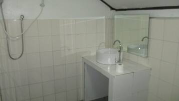 Un baño pequeño con lavamanos, espejo y ducha.