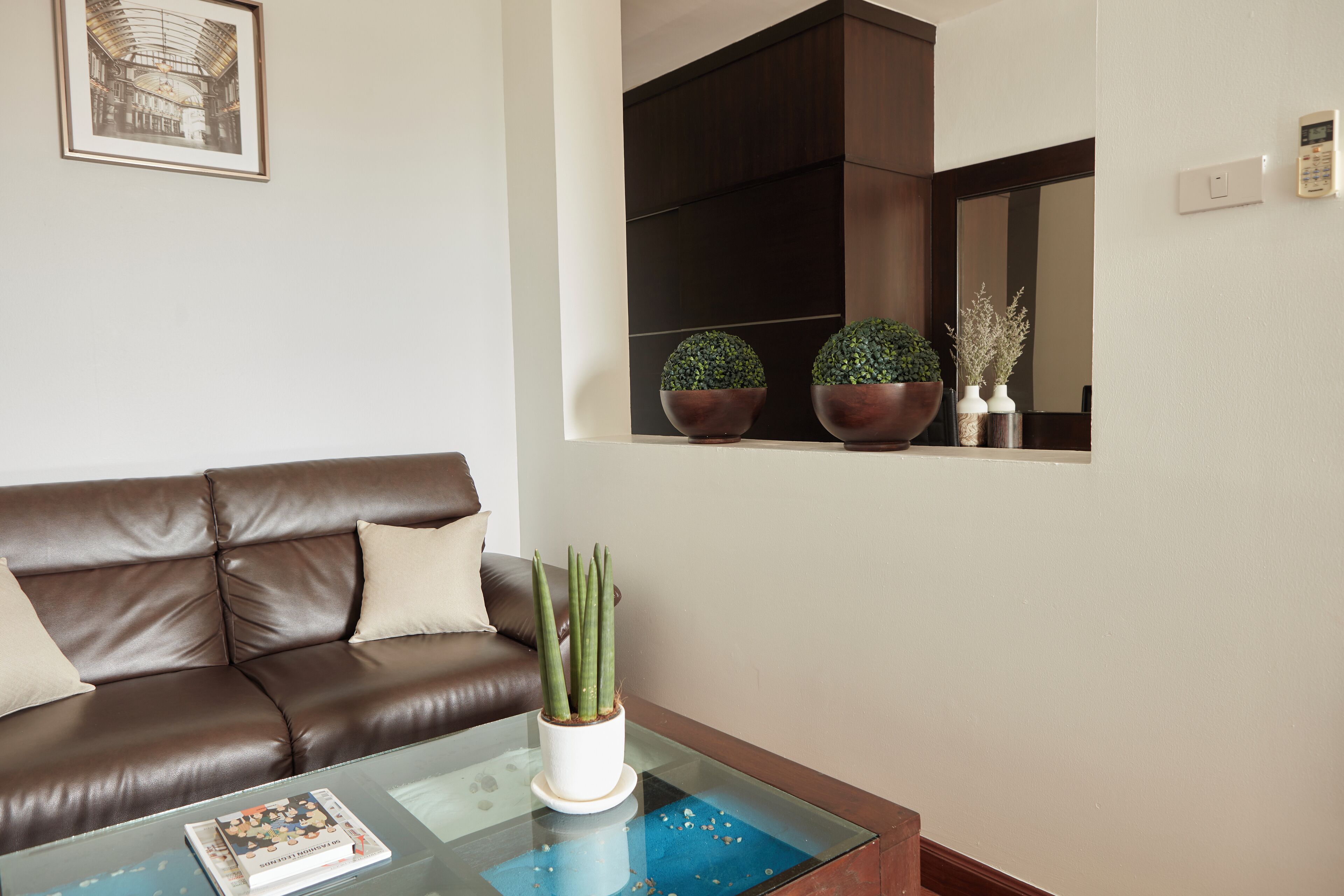 Un salon avec un canapé en cuir marron, une table basse en verre ornée d’une plante et un tableau encadré accroché au mur.