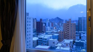 A view from a window overlooking a cityscape with multiple buildings, including high-rise apartments and smaller structures. - Kotoni Green Hotel (Sapporo)
