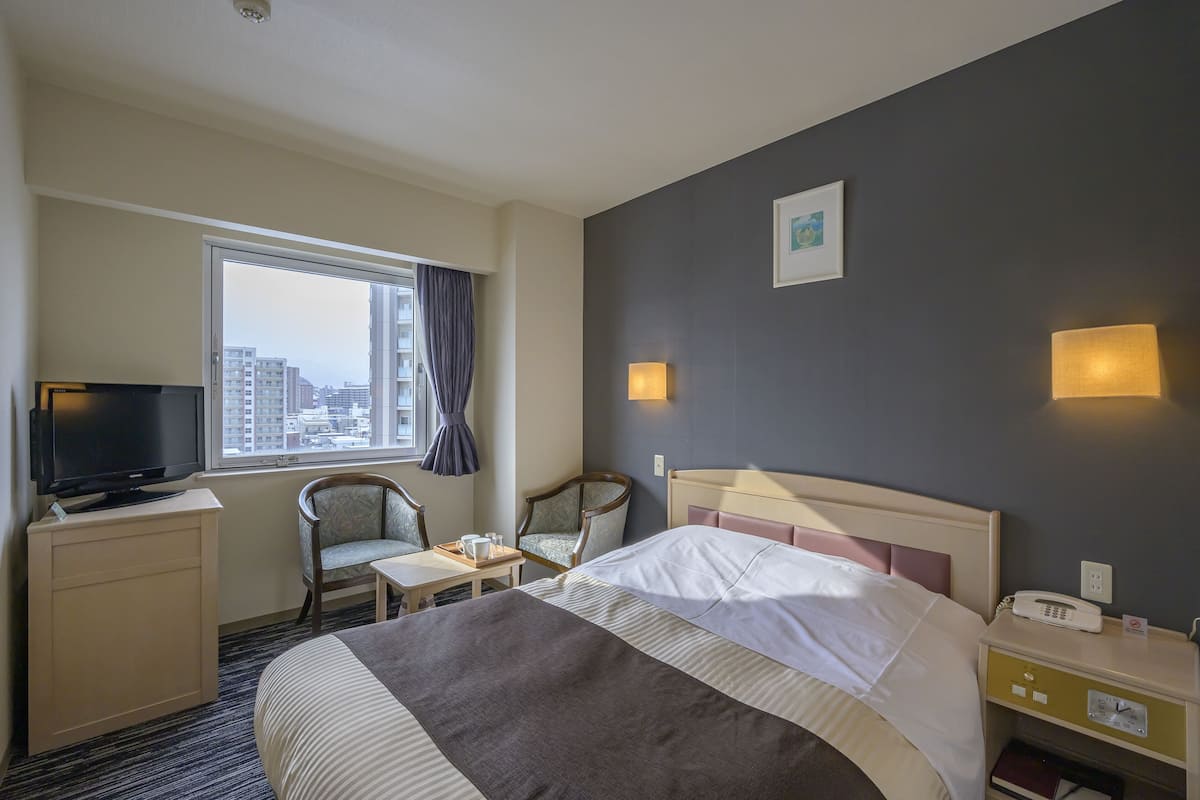 A hotel room with a bed, a desk with a television, two chairs, a window with a view of buildings, and a bedside table with a phone and a lamp.