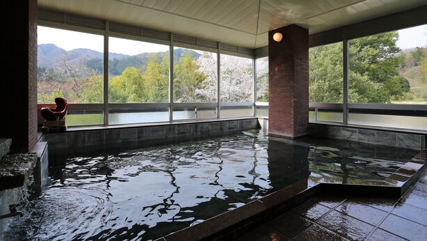 A large indoor swimming pool with a view of mountains and trees through large windows. - Komeyaclub Okutsu (Kagamino)