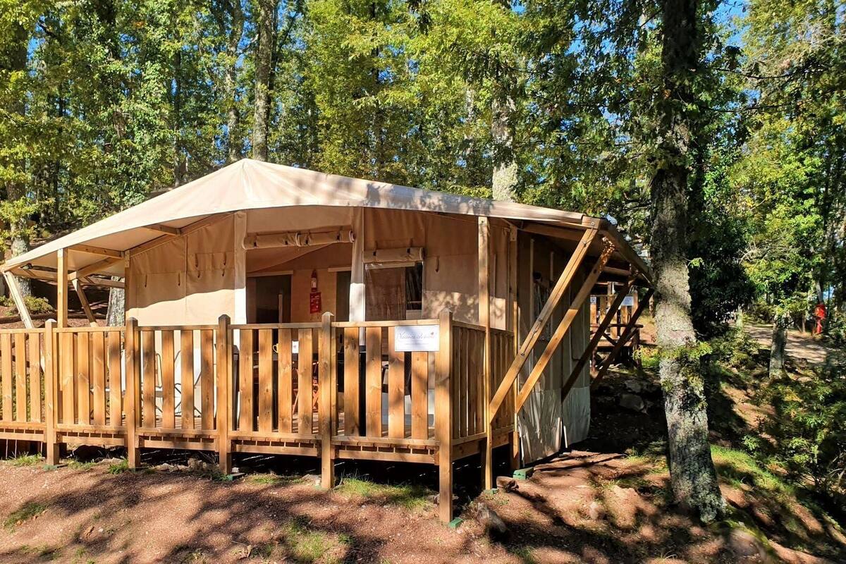 Een houten blokhut met een overdekte veranda, omgeven door bomen.