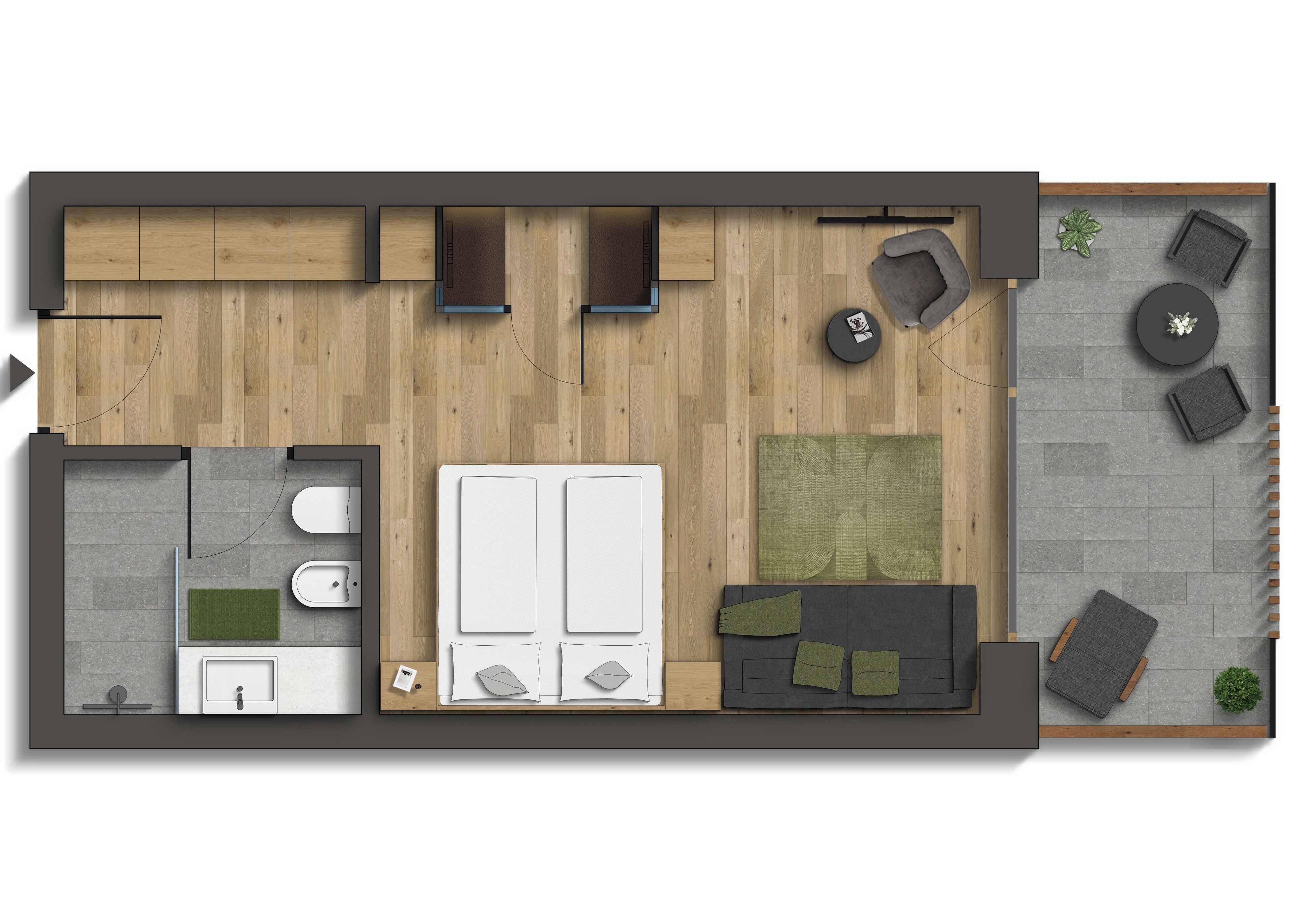 A modern hotel room layout with a wooden floor, a large bed, a sofa, a small table, a chair, a round table, and a potted plant.
