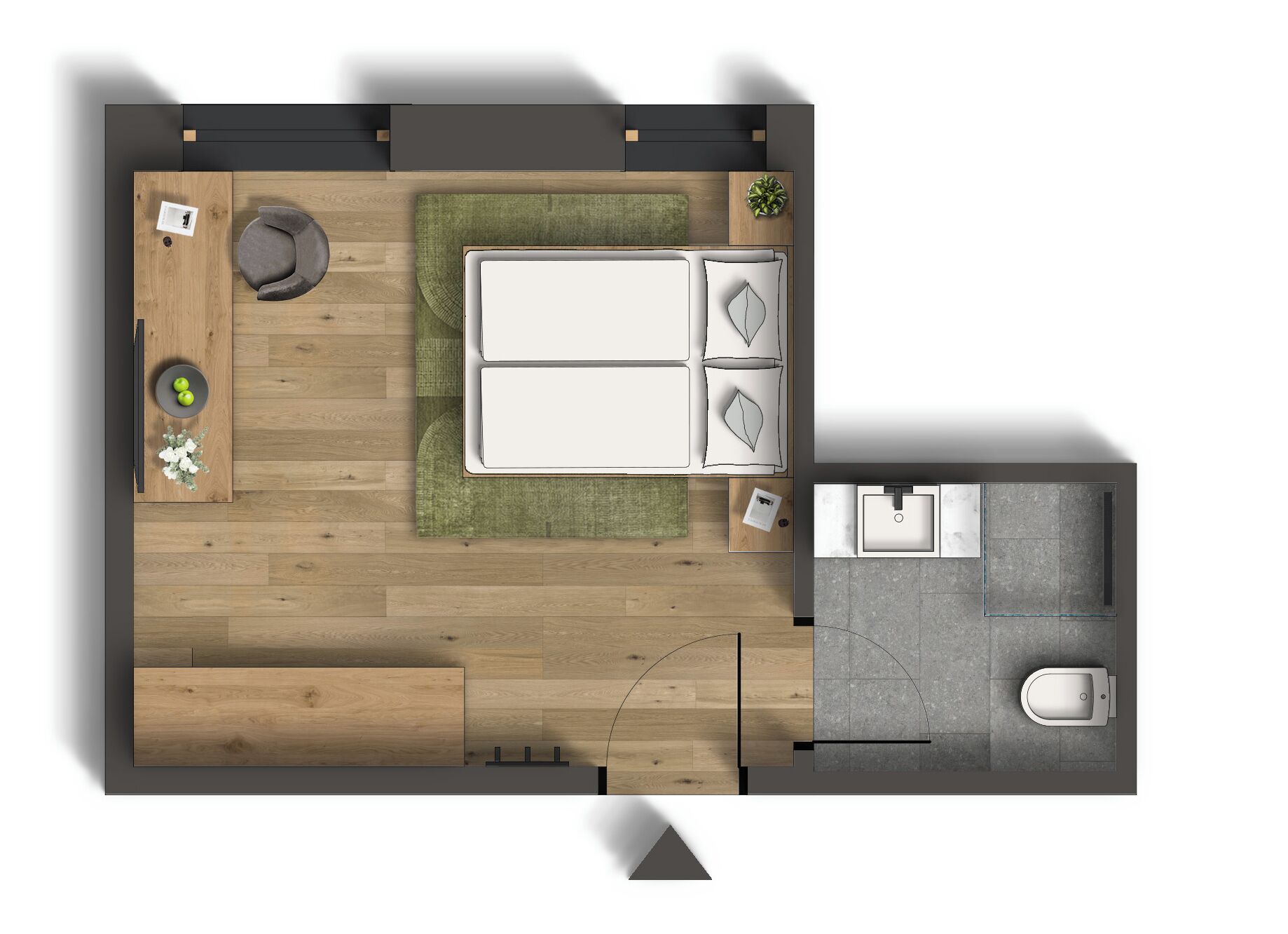 A top-down view of a modern apartment with a living area, a dining space, and a small bathroom.