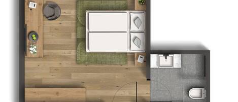 A top-down view of a modern apartment with a living area, a dining space, and a small bathroom.