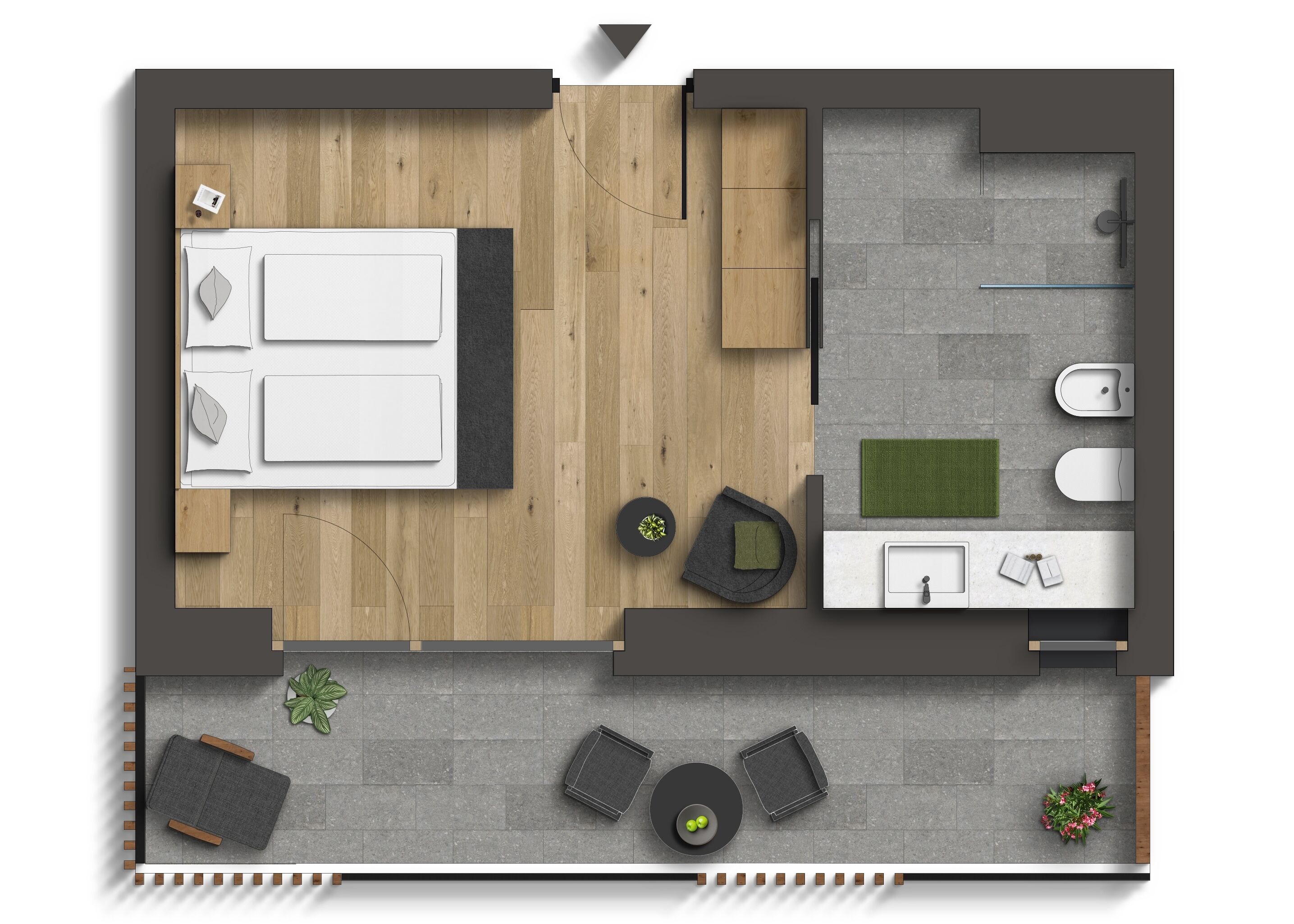 A modern hotel room layout with a bed, bedside tables, a small seating area, a bathroom with a shower, toilet, and sink.