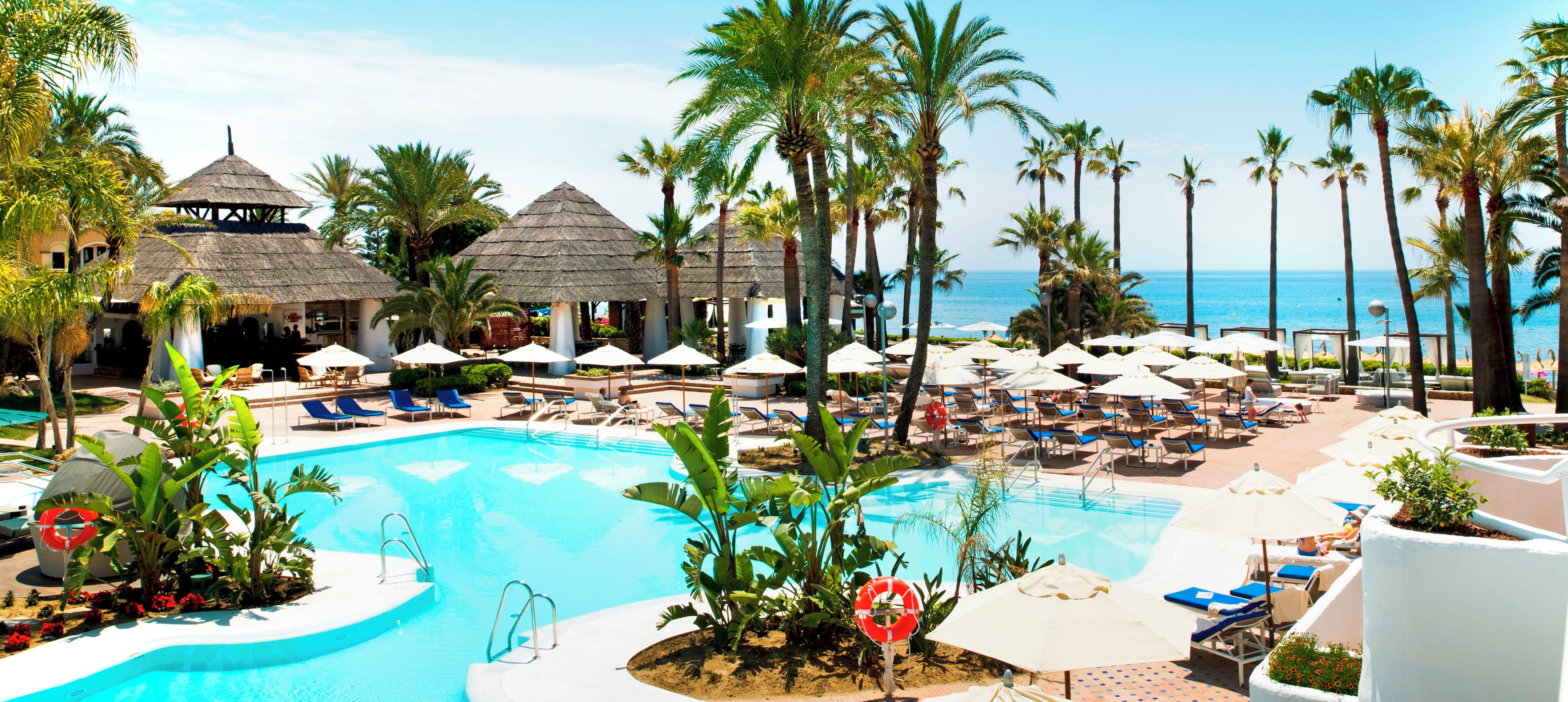 Um resort com piscina, espreguiçadeiras, palmeiras e vista para o oceano.