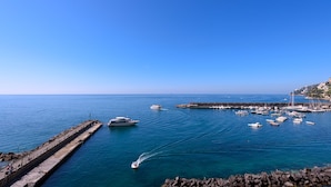 Un puerto deportivo costero con barcos amarrados y un muelle que se adentra en el agua.