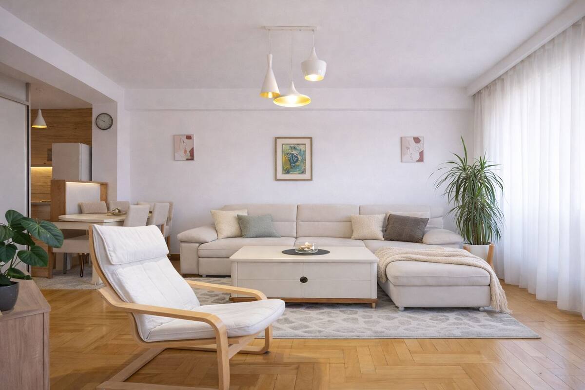 A modern living room with a sofa, a chair, a coffee table, and a plant.