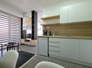 Studiosuite – superior, byutsikt | Eget tekjøkken | Kjøleskap, ovn, kokeplater og kaffetrakter/tekoker