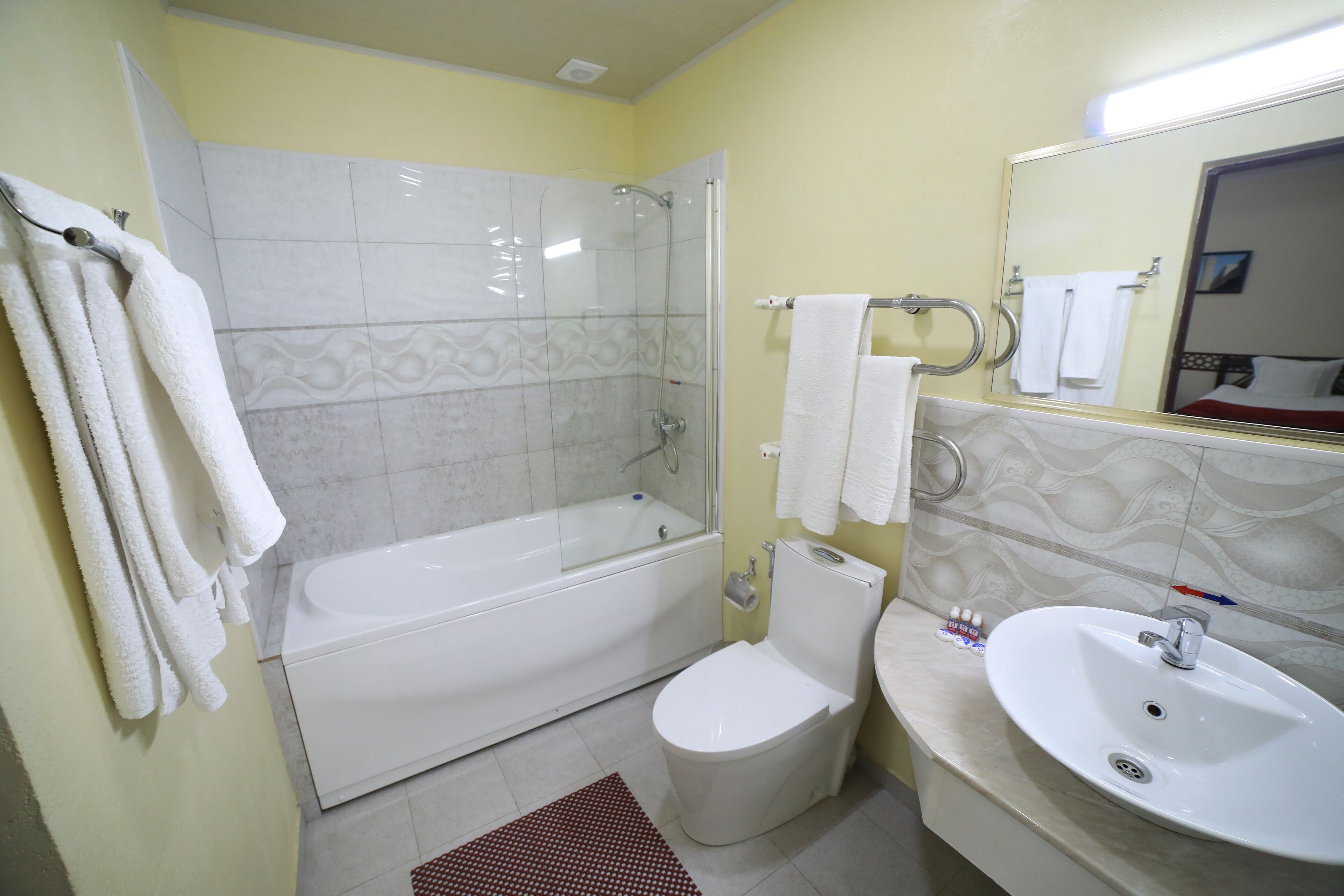 Un baño con ducha de vidrio, inodoro blanco y lavamanos con espejo.