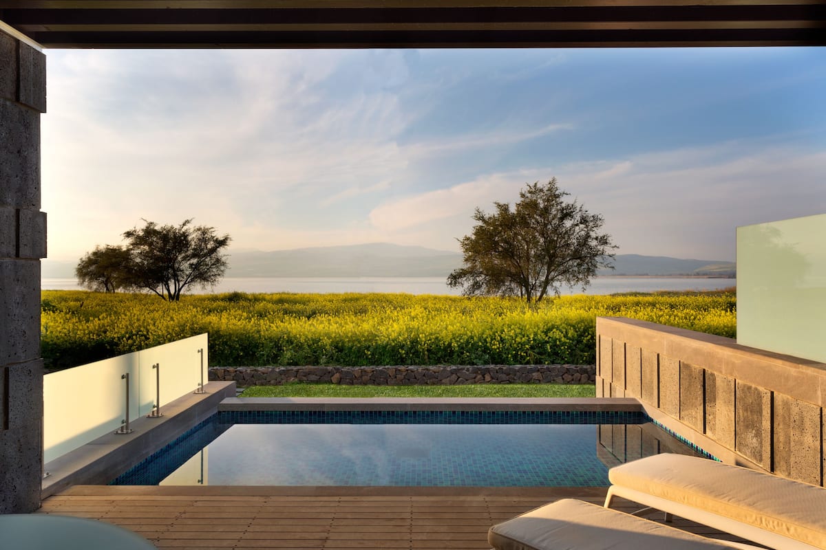 A modern outdoor pool area with a view of a distant landscape, including trees and a body of water.