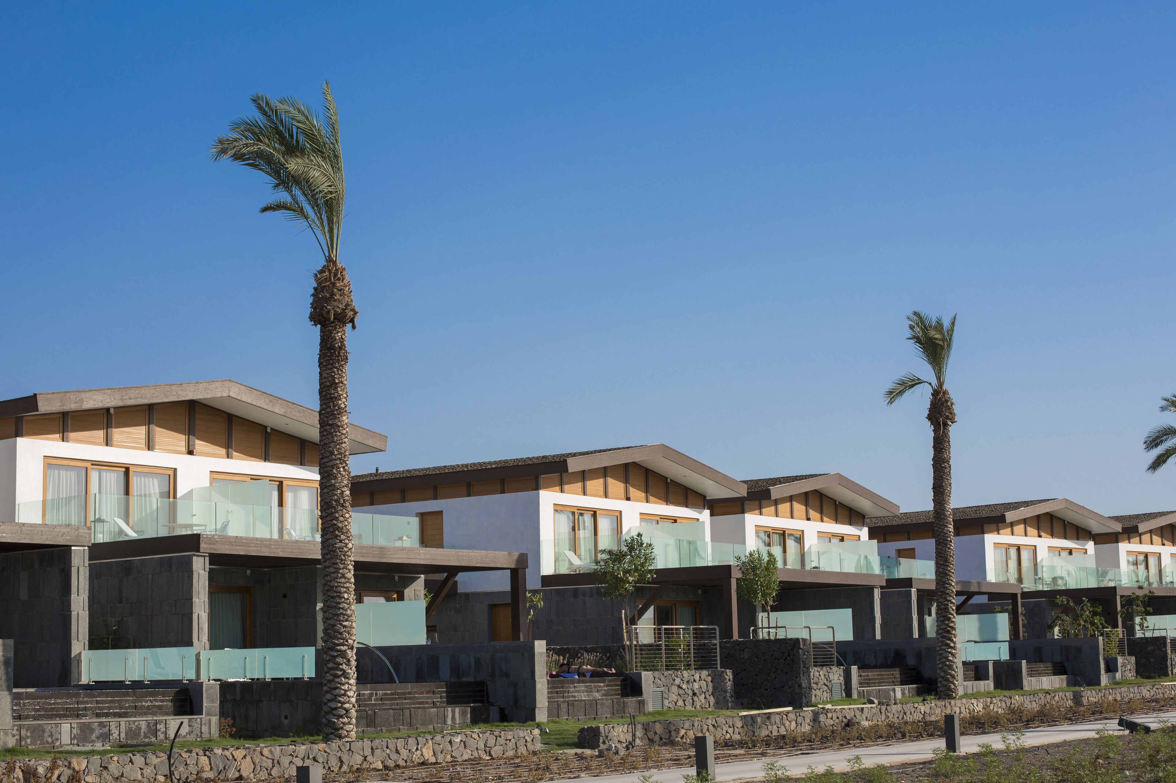 A row of modern multi-story buildings with balconies, palm trees, and a clear blue sky.