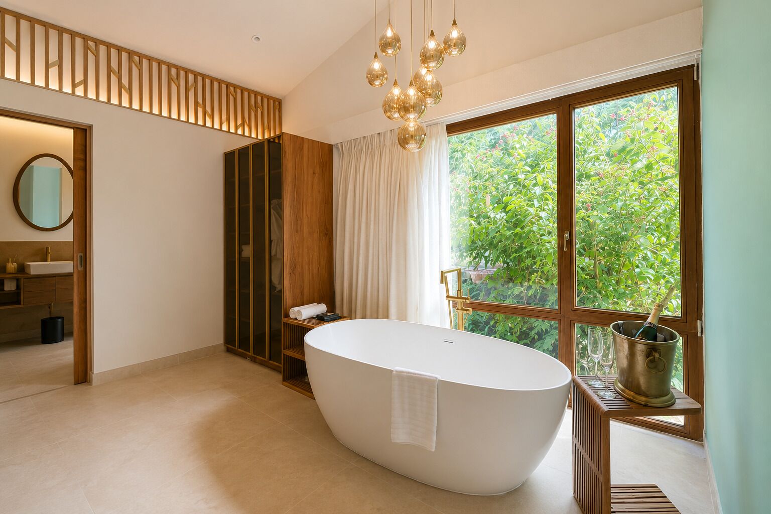 A modern bathroom with a freestanding bathtub, a large window with a view of greenery, and a wooden vanity.