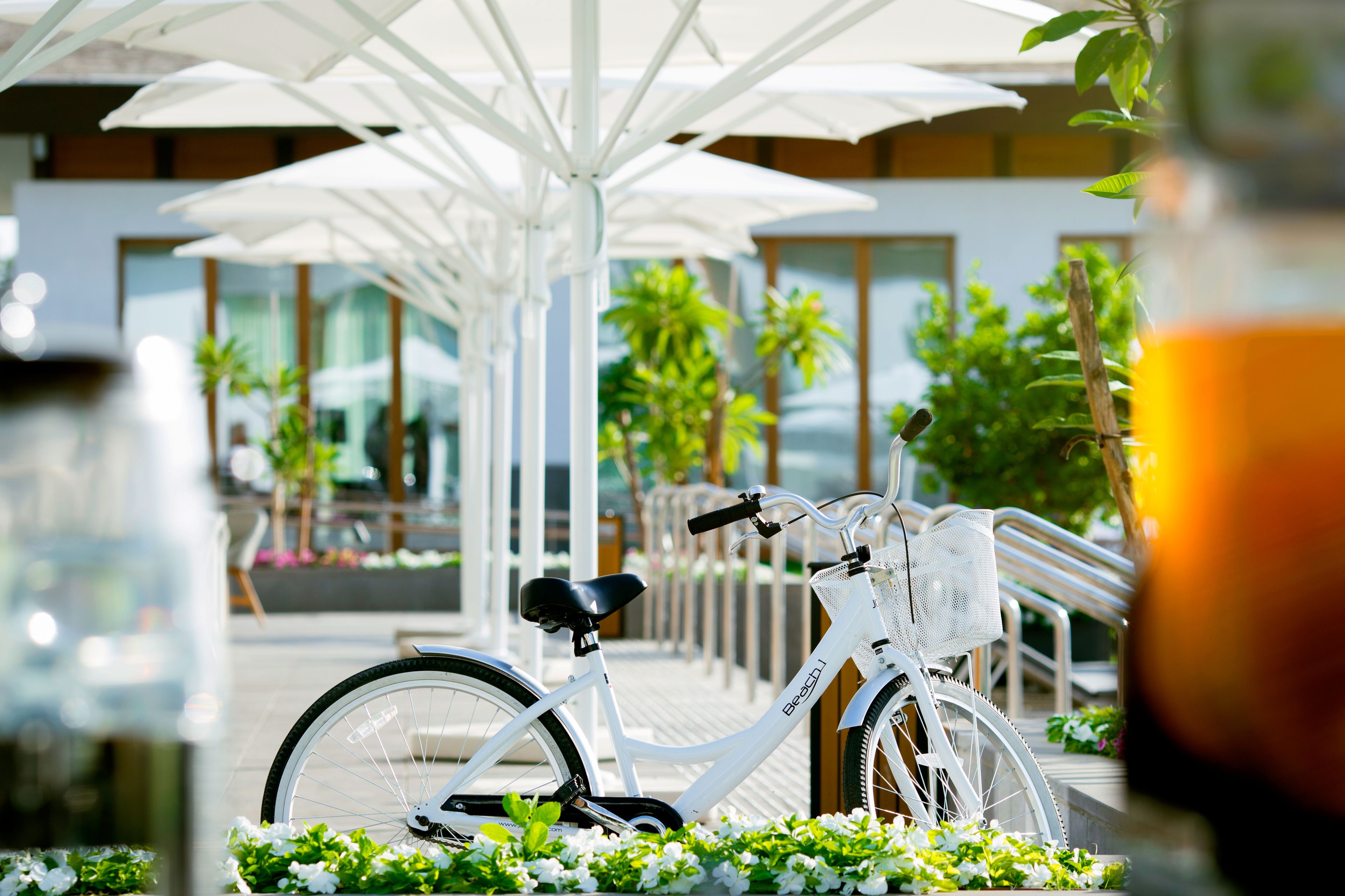 Una bicicleta blanca estacionada bajo sombrillas blancas, con follaje y un edificio al fondo.
