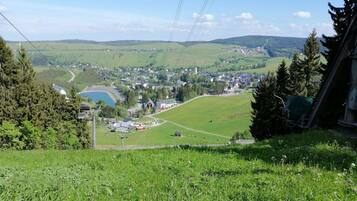 A panoramic view of a town with a lake, surrounded by green hills and trees.