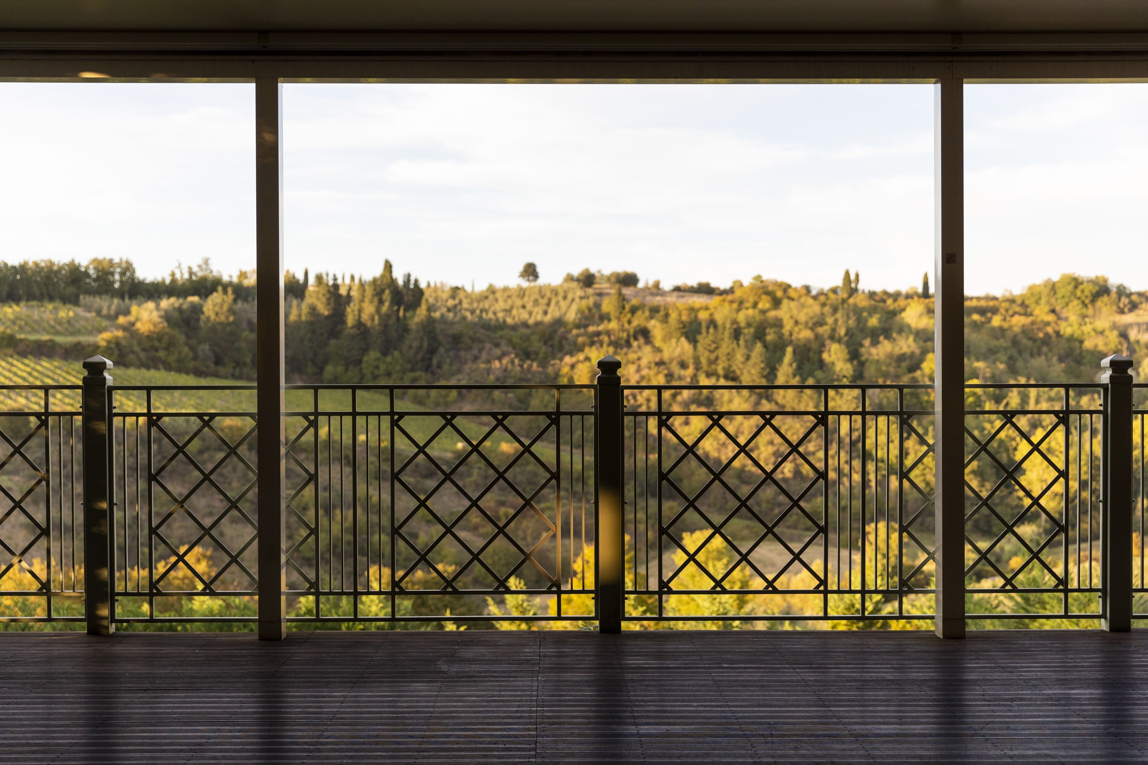 A balcony with a metal railing overlooking a landscape with trees and fields.