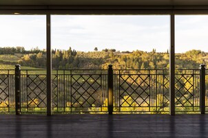 Un balcón con barandilla de metal que da a un paisaje con árboles y campos.