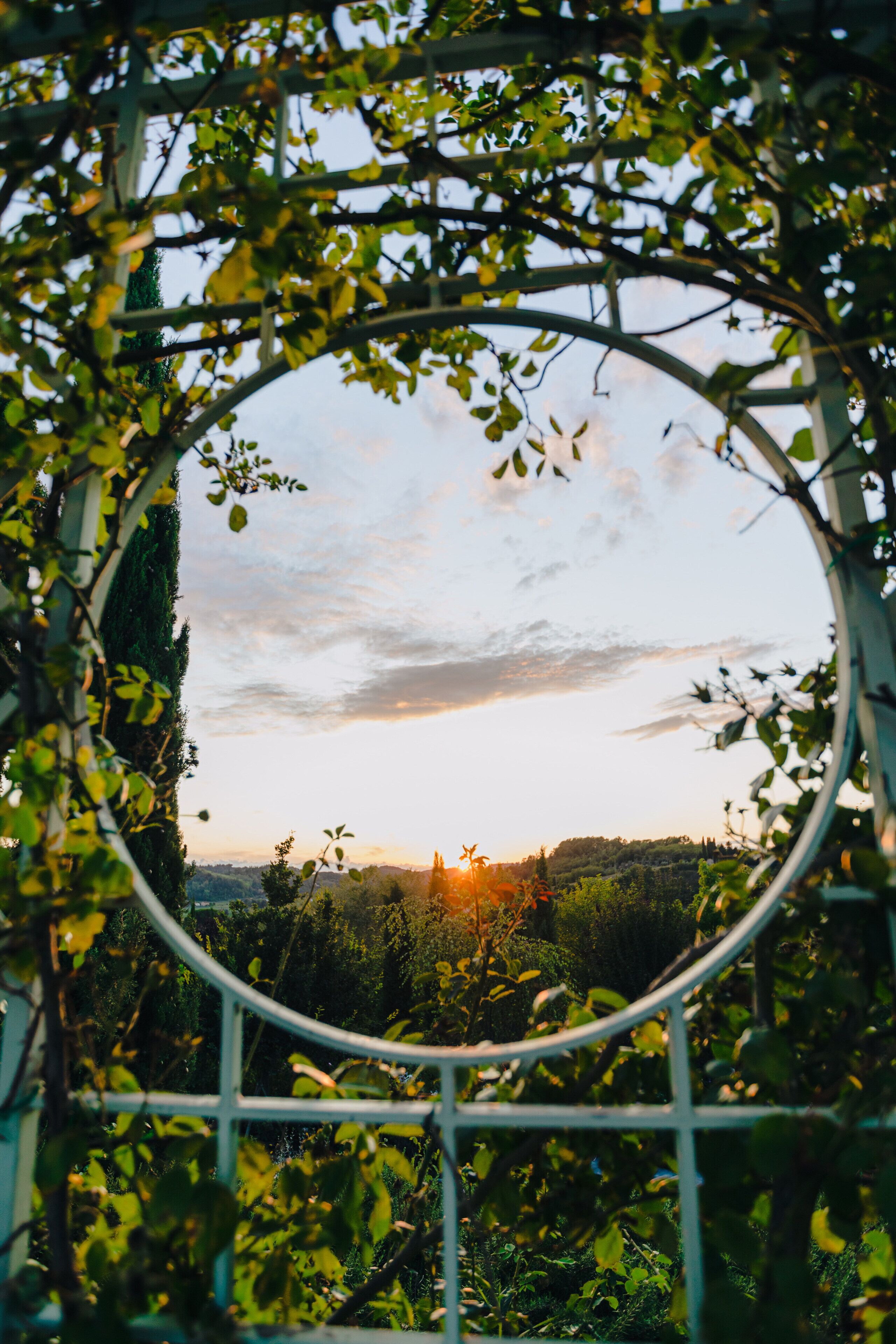 Una ventana circular enmarcada por follaje, mostrando un atardecer sobre un paisaje montañoso.