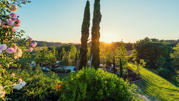 A garden with tall cypress trees, a variety of flowering plants, and a clear sky. - Relais Sassa al Sole (San Miniato)