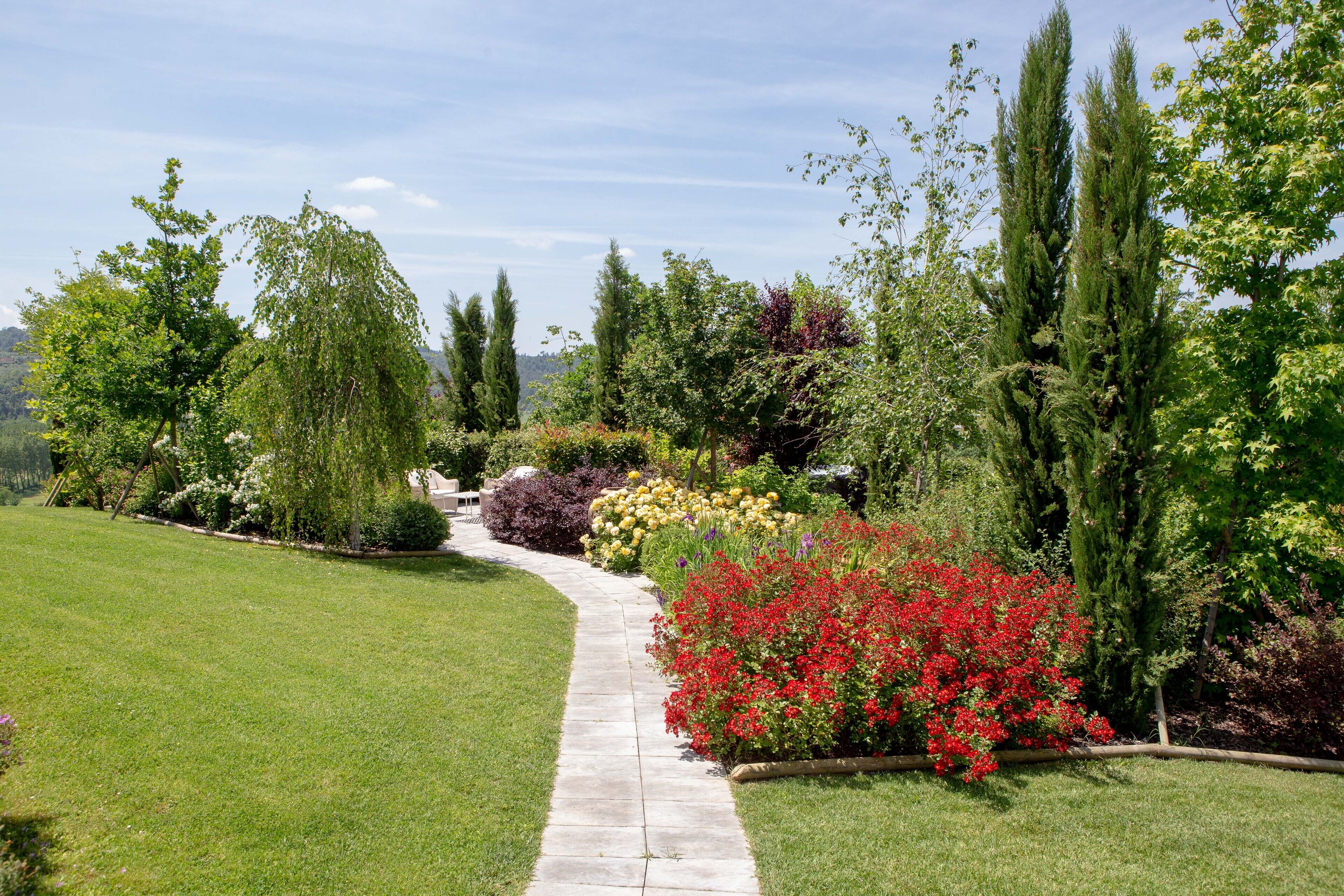 Un jardín ajardinado con un sendero de concreto, arbustos y árboles.