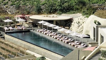 Outdoor pool, pool umbrellas, pool loungers