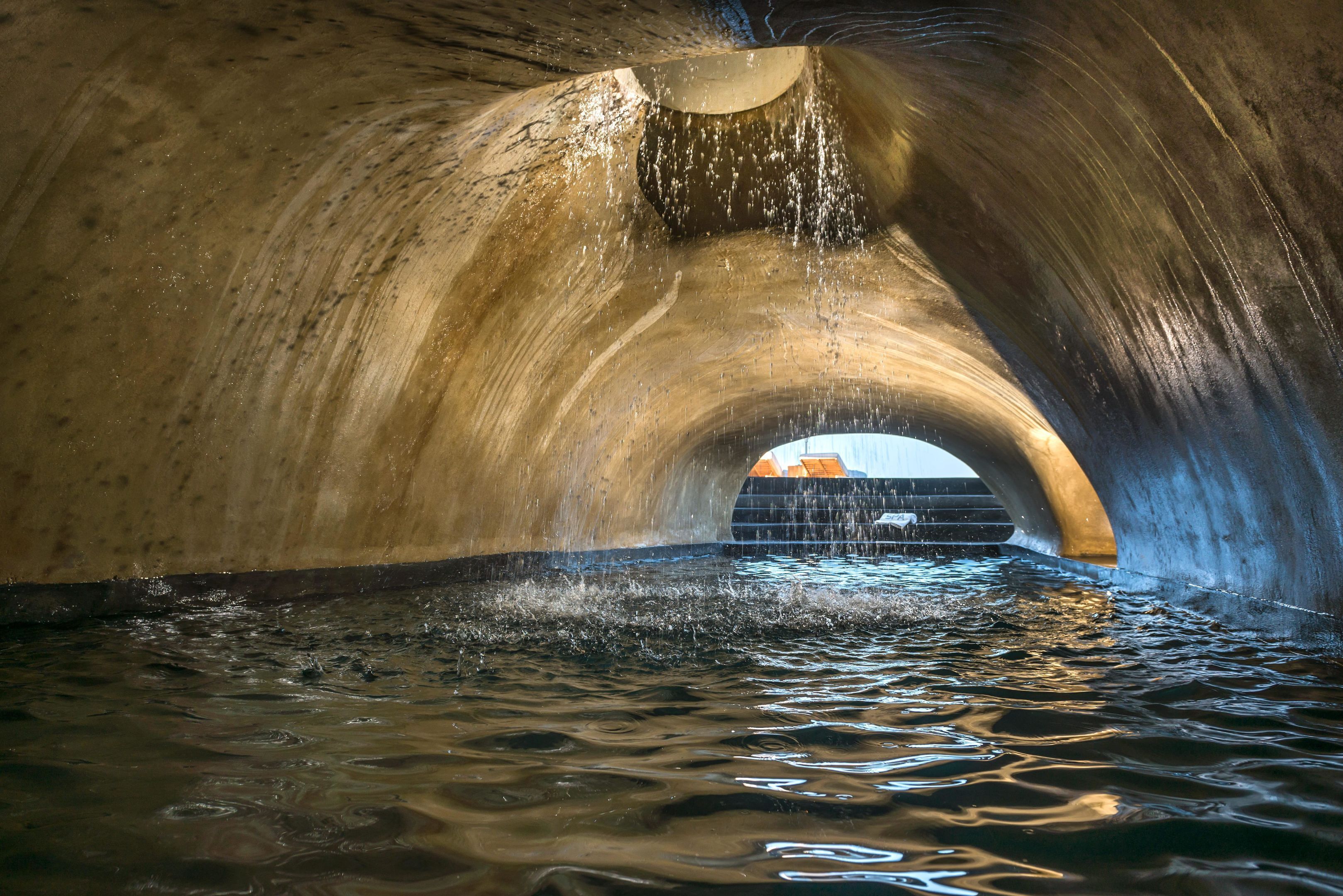 Una piscina al aire libre, sombrillas, sillones reclinables de piscina