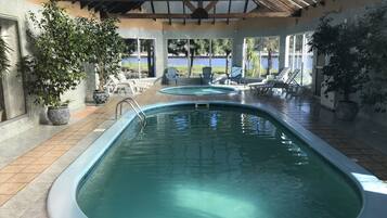 Indoor pool, outdoor pool, sun loungers