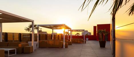 A rooftop lounge area with outdoor seating and a potted plant.