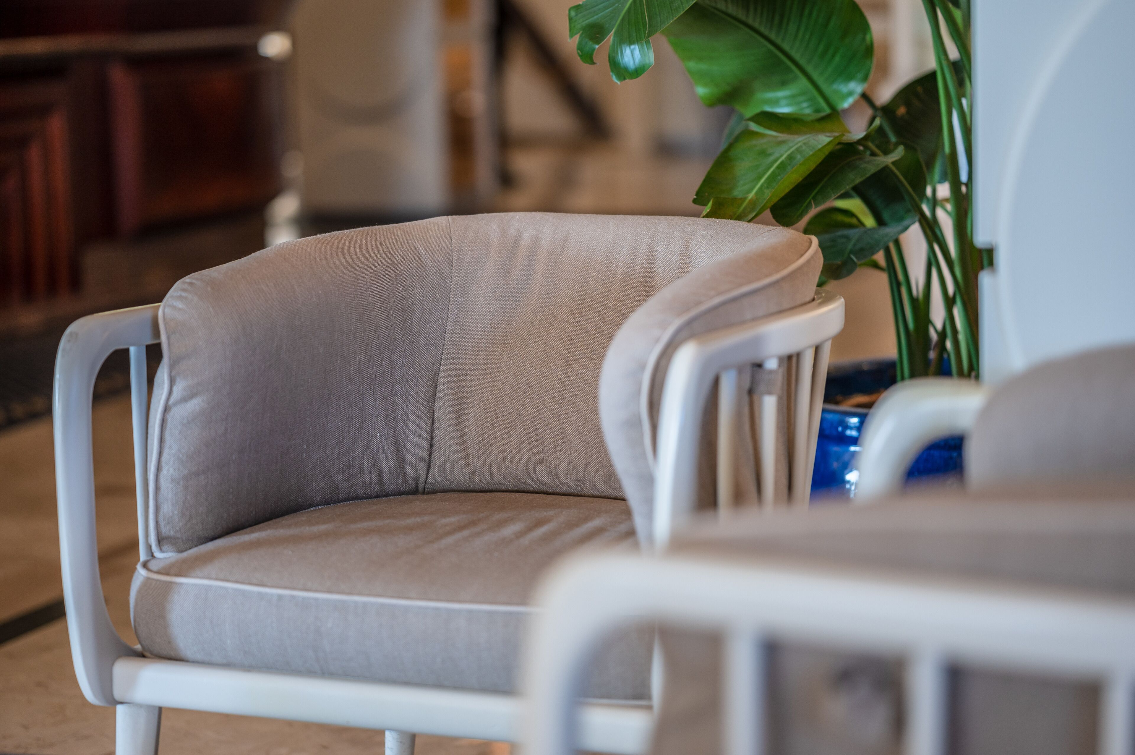 A modern chair with a cushioned seat and backrest, positioned in a room with a potted plant and a white chair in the background.