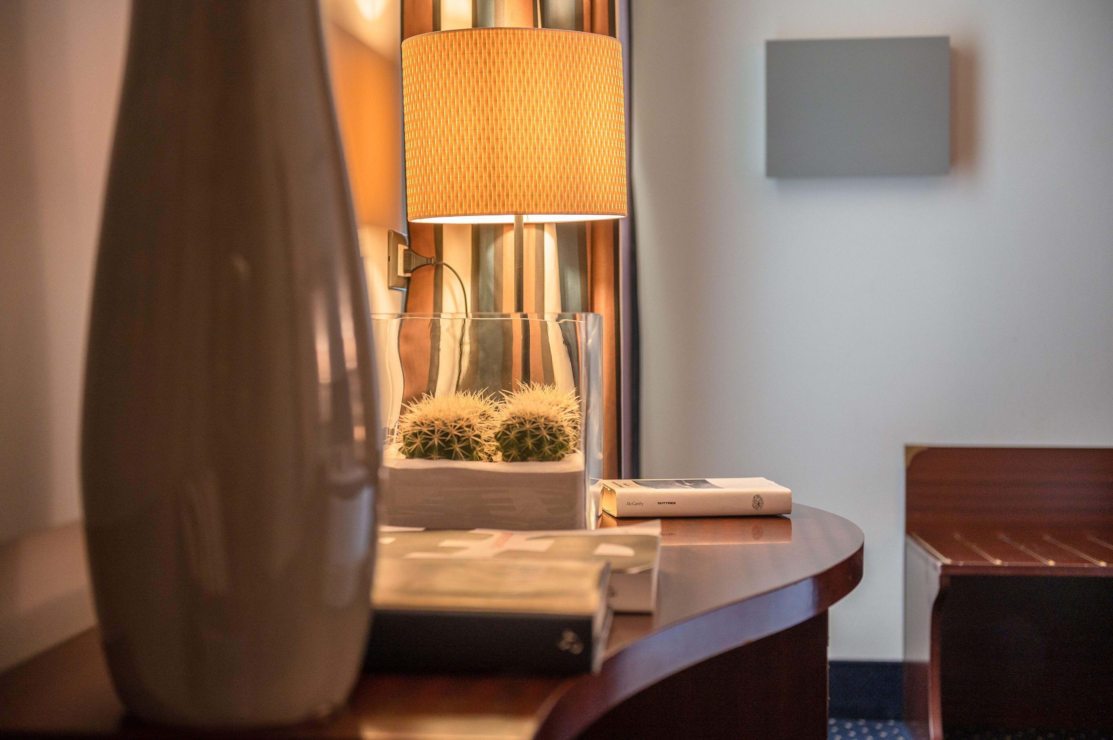 A hotel reception desk with a lamp, a small cactus plant, and a few books.
