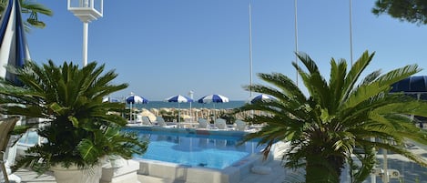 Seasonal outdoor pool, pool umbrellas, sun loungers