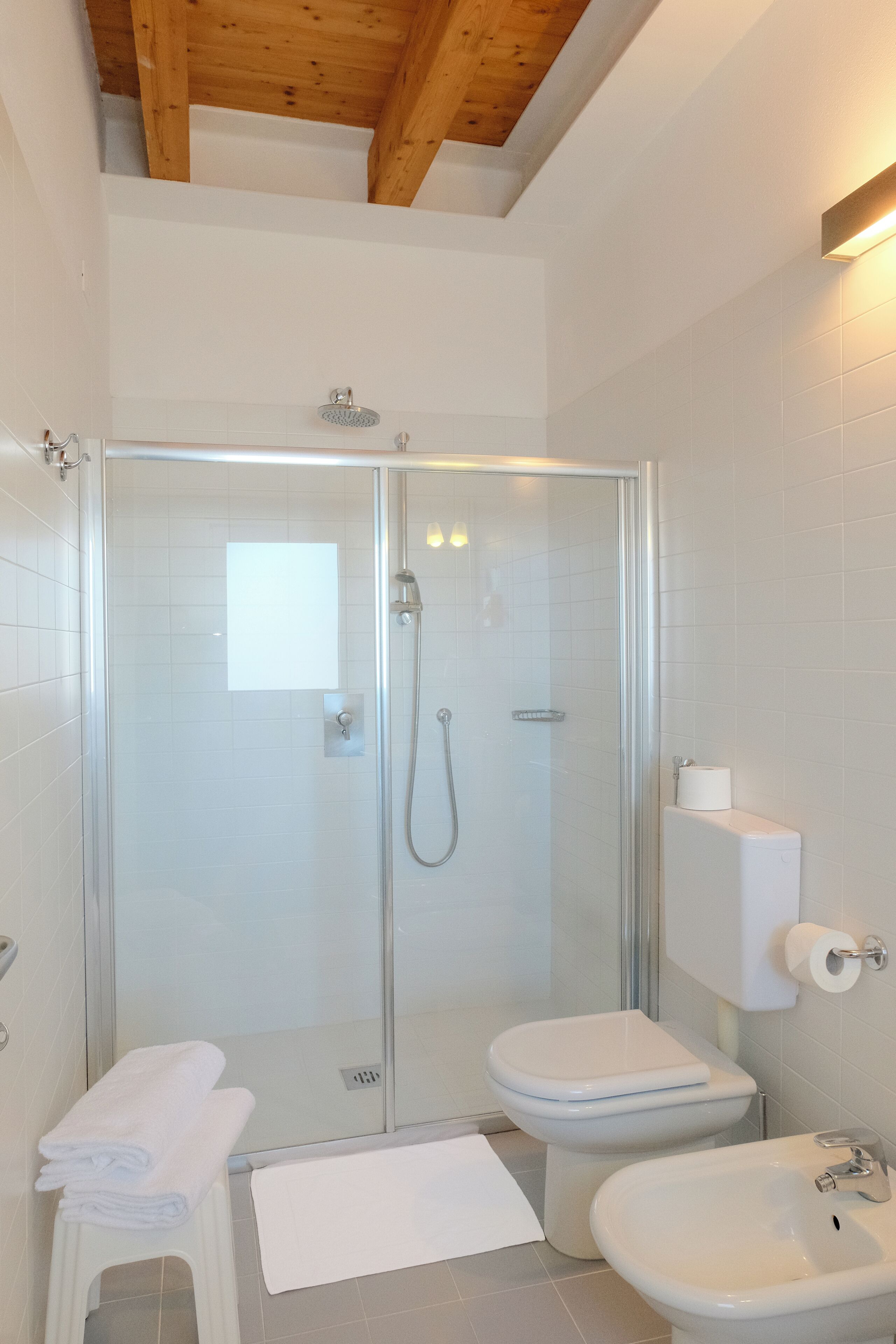 A modern bathroom with a glass-enclosed shower, a toilet, and a bidet.