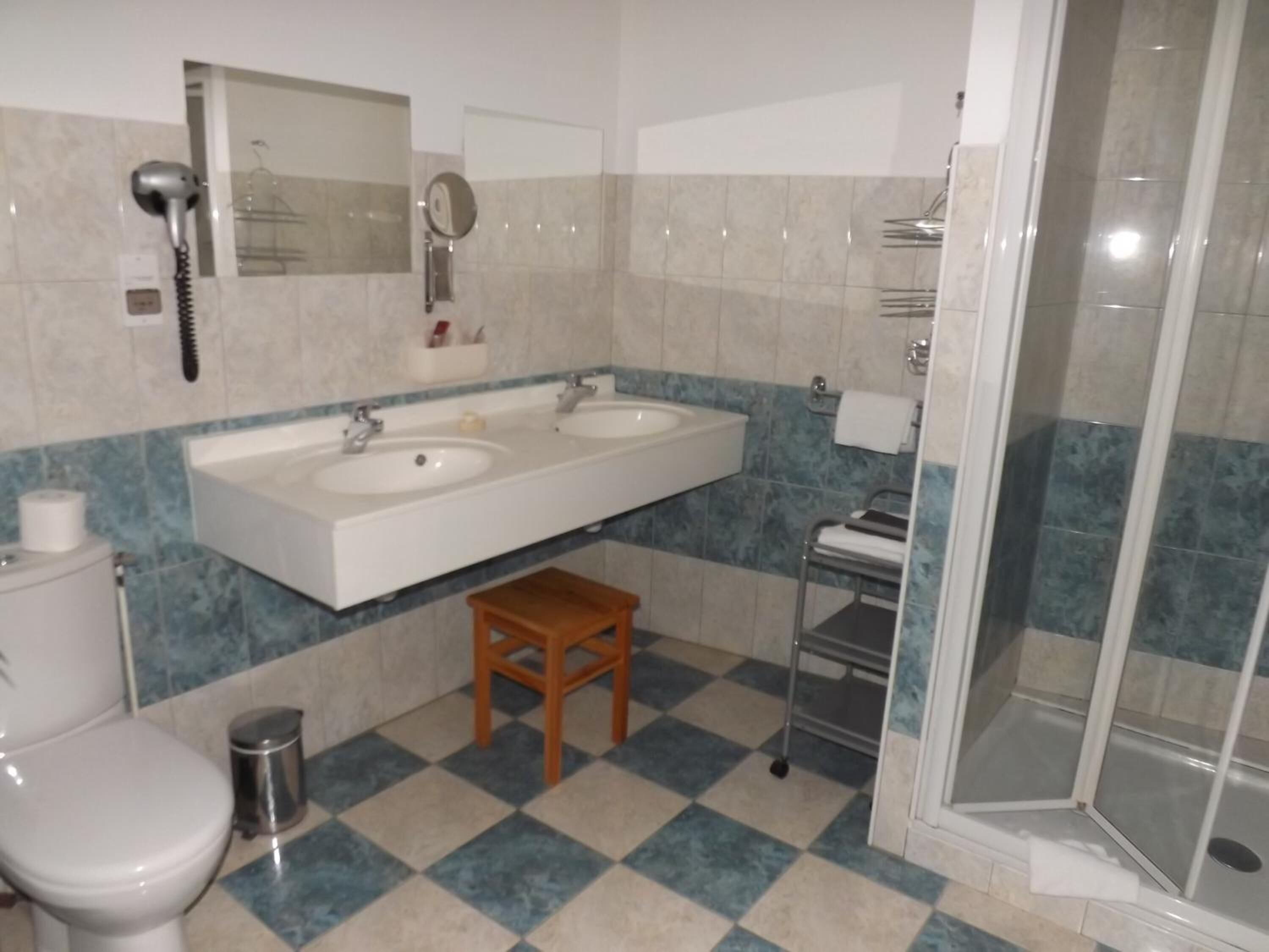 A bathroom with two sinks, a mirror, a shower, and a toilet.