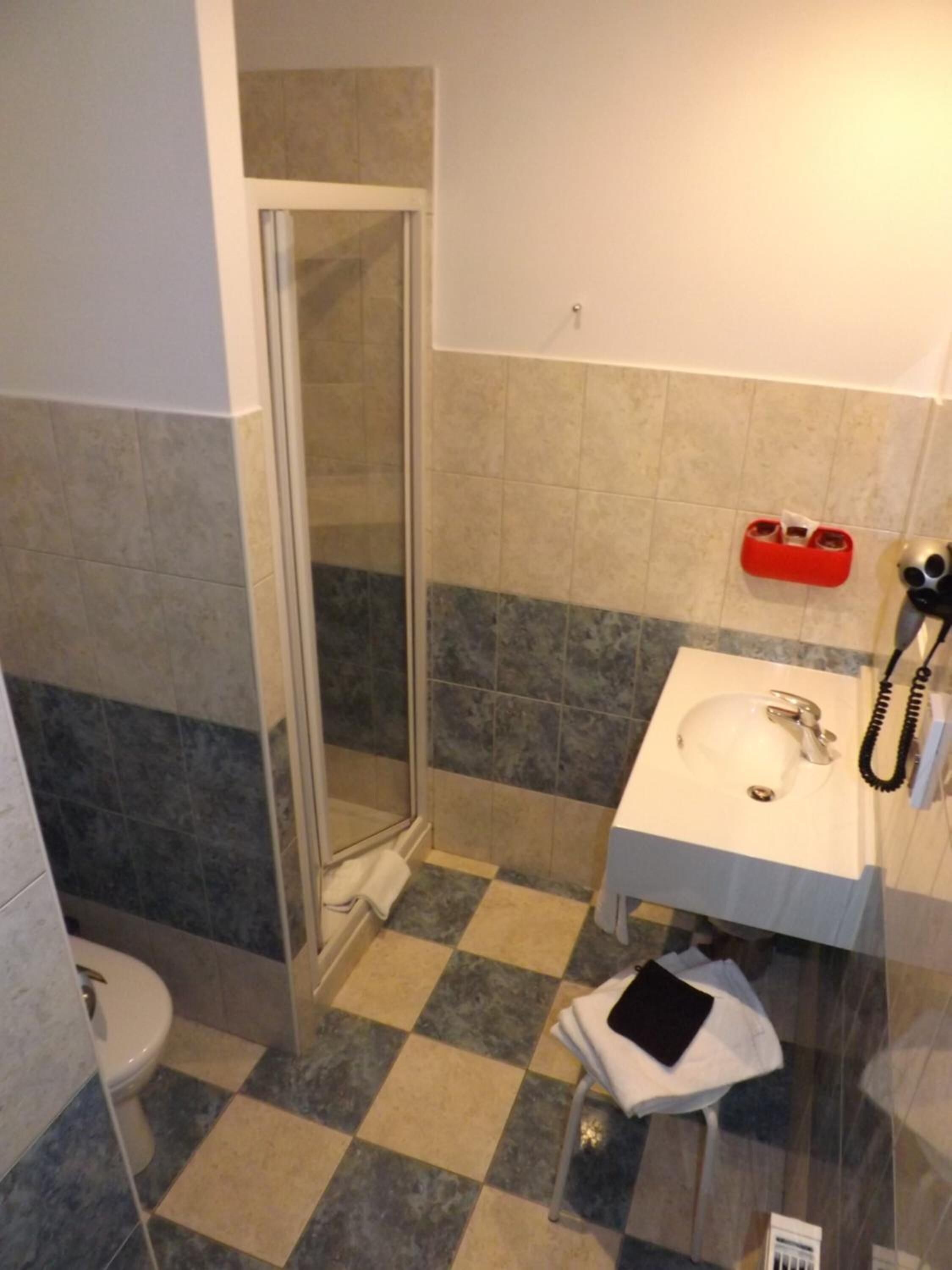 Een badkamer met douche, toilet, wastafel en handdoekhouder.