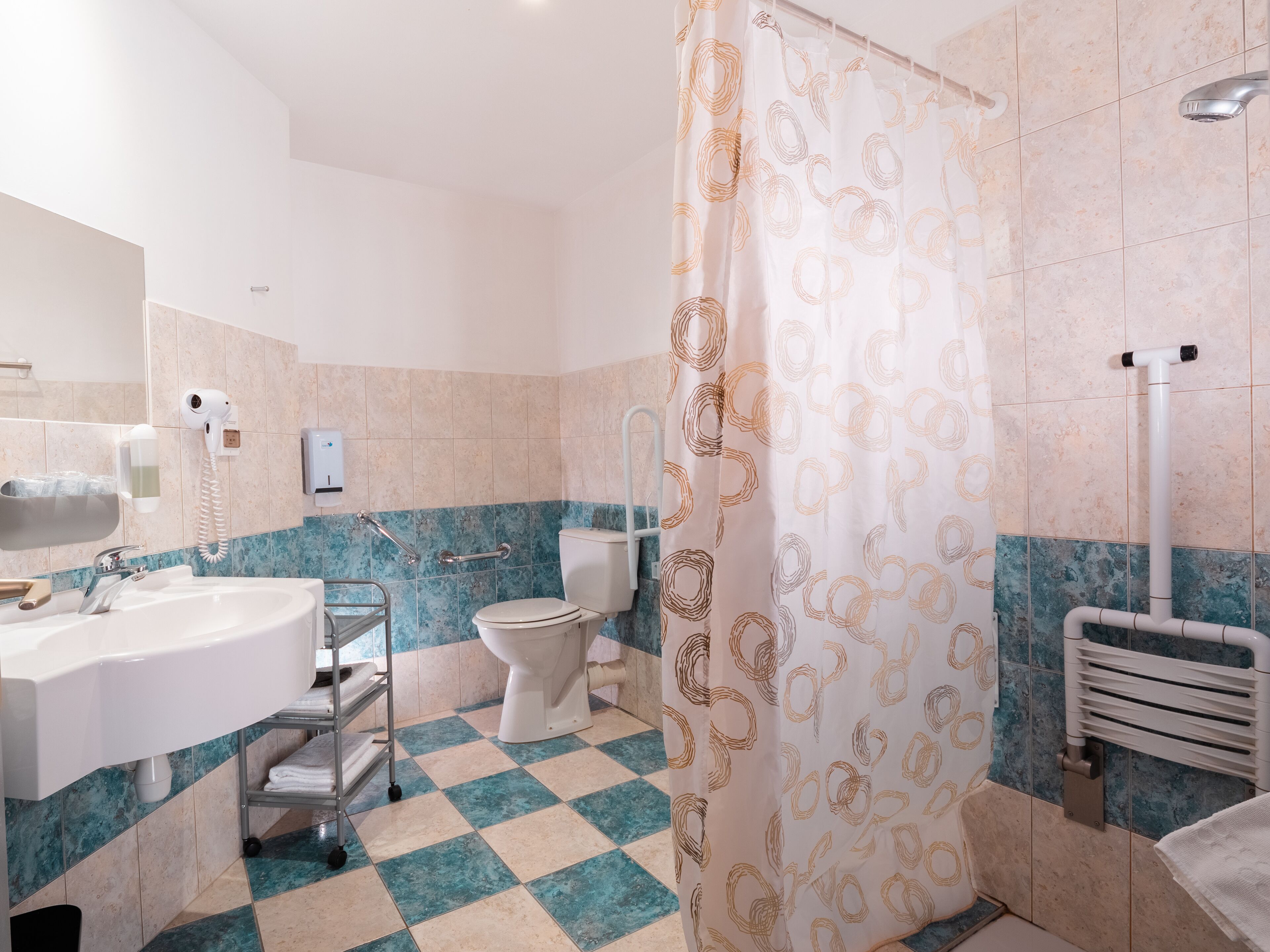 Une salle de bain comprenant un lavabo, des toilettes et un espace douche.