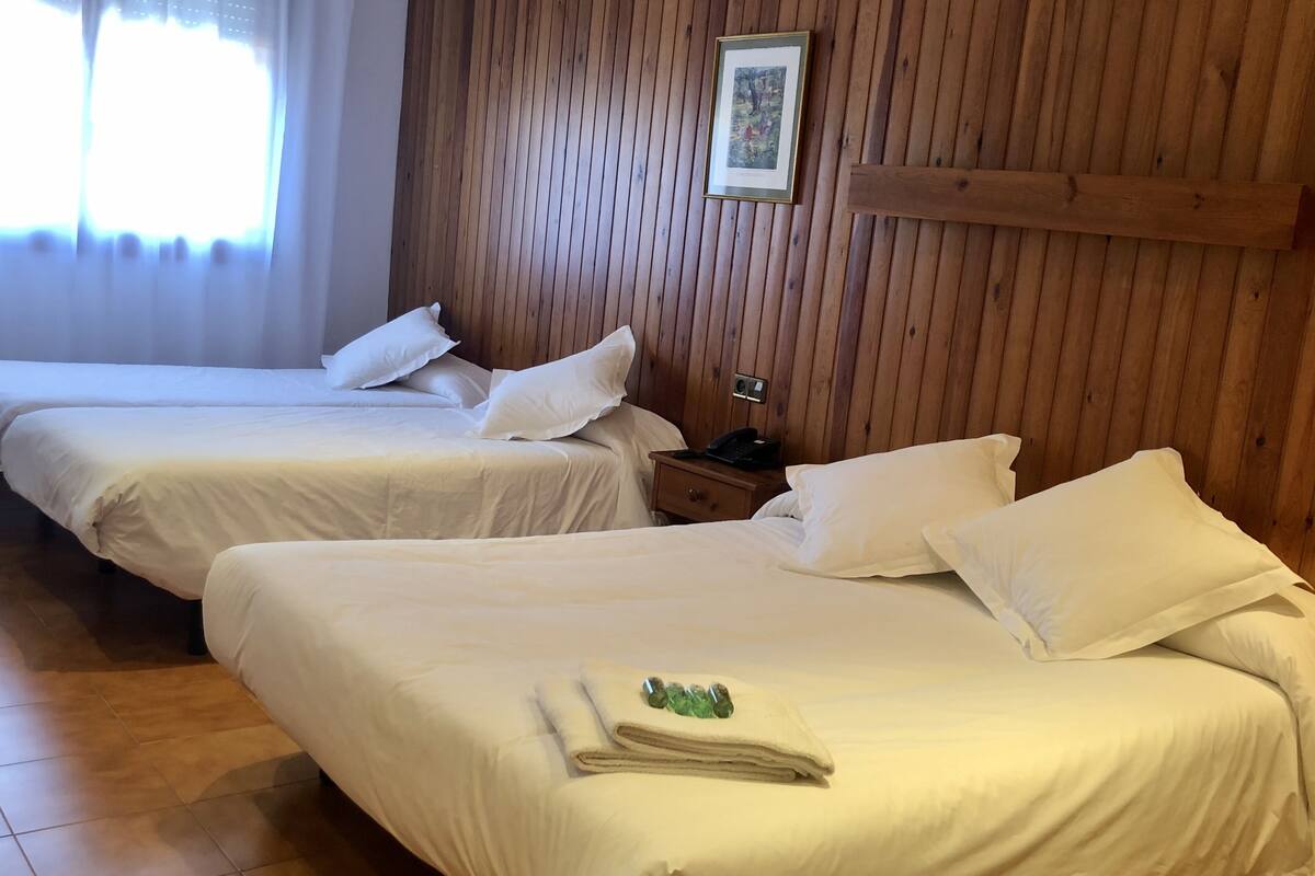 A hotel room with two beds, wooden paneling on the walls, a framed picture, and a nightstand with a phone.